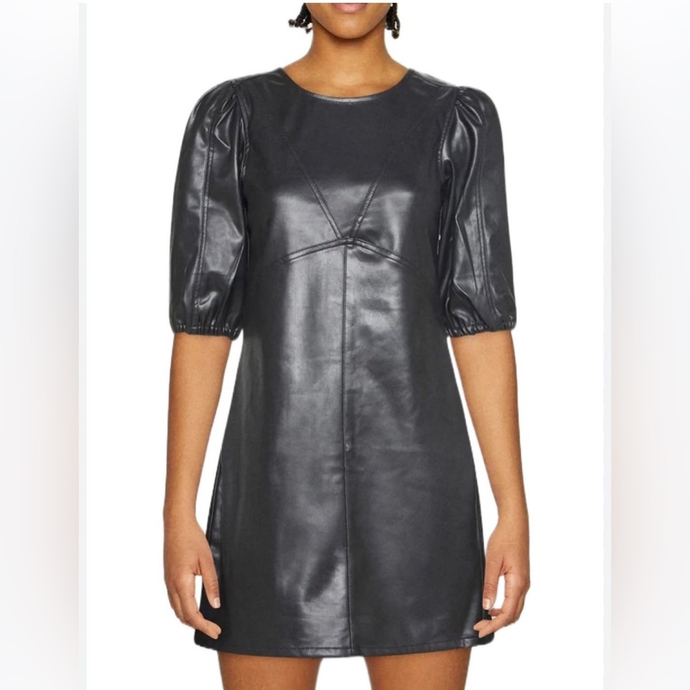 Balloon Short Black Sleeve Leather Dress